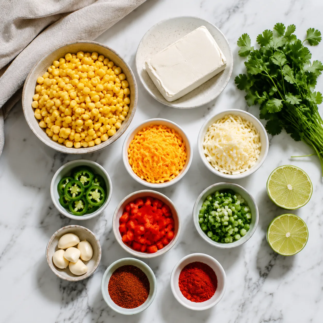 Corn dip recipe ingredients flatlay with corn, cream cheese, cheddar, and jalapeño