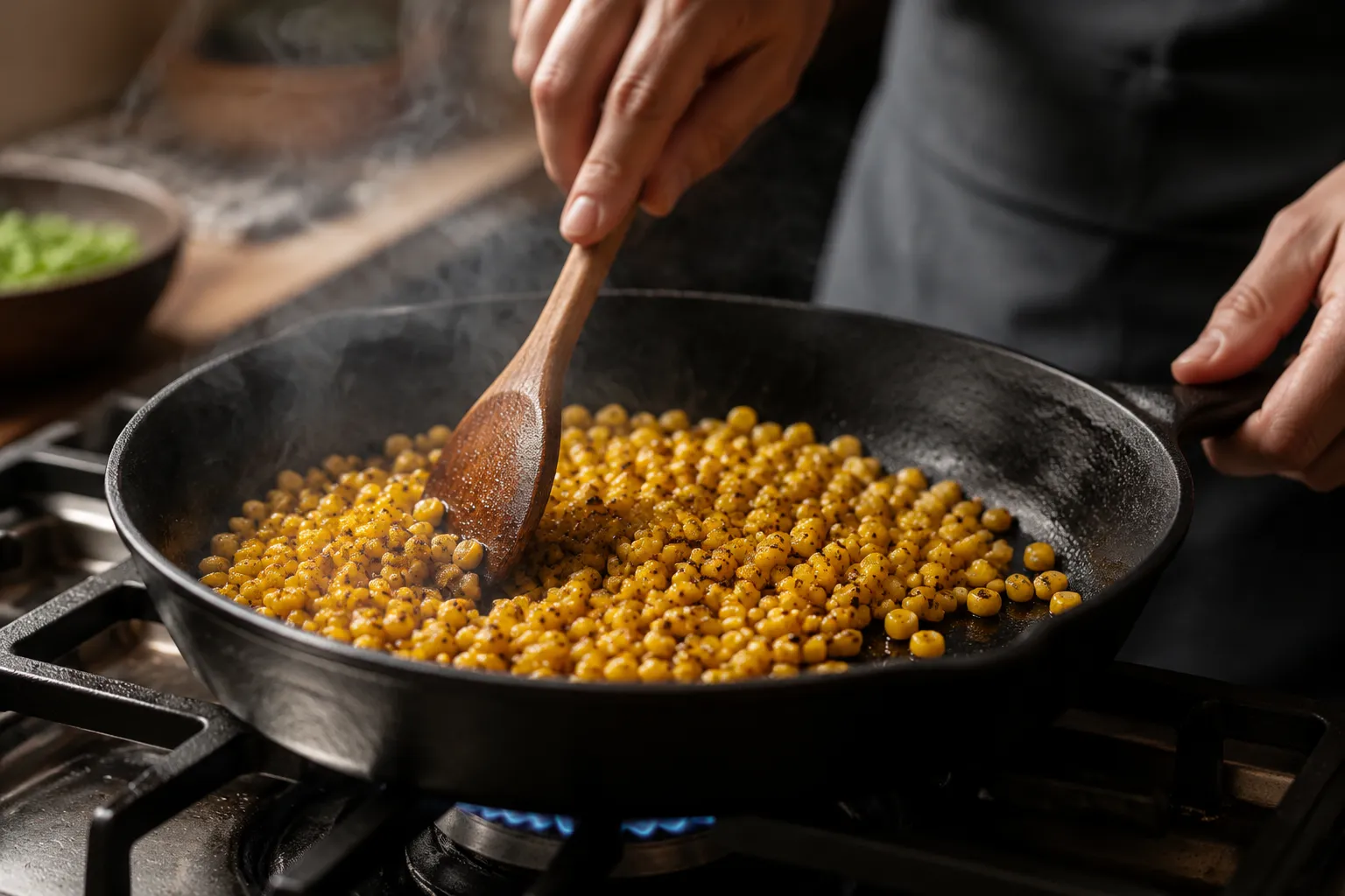 Charring corn kernels in a cast-iron skillet for corn dip