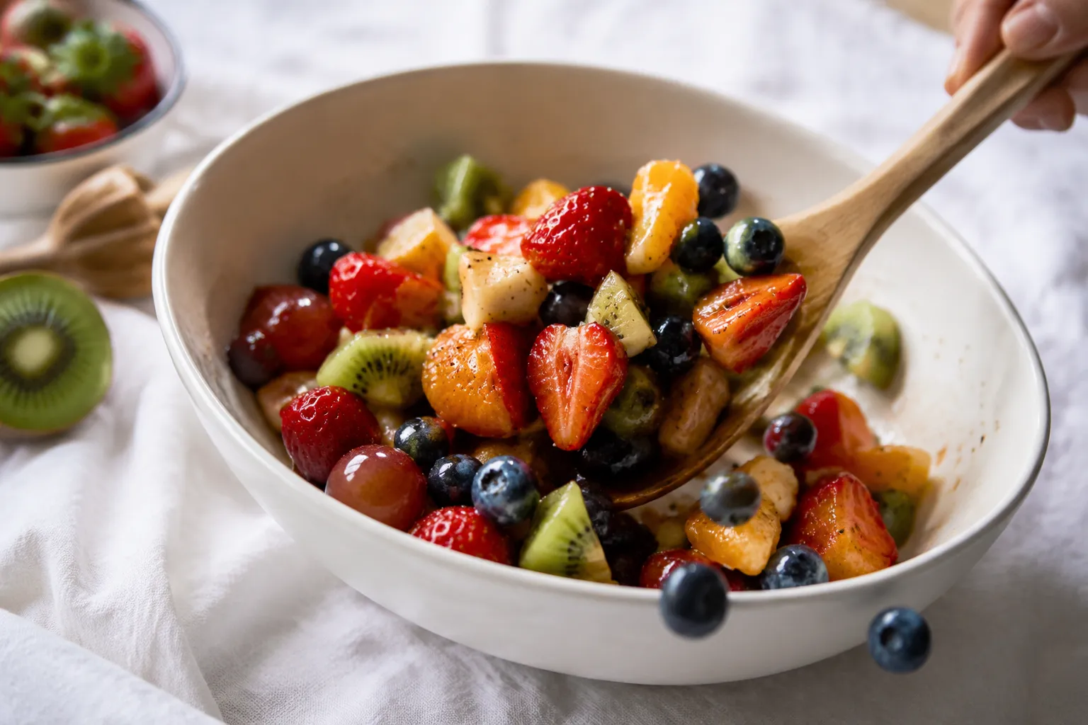 Tossing fruit with salad dressing in a large ceramic bowl
