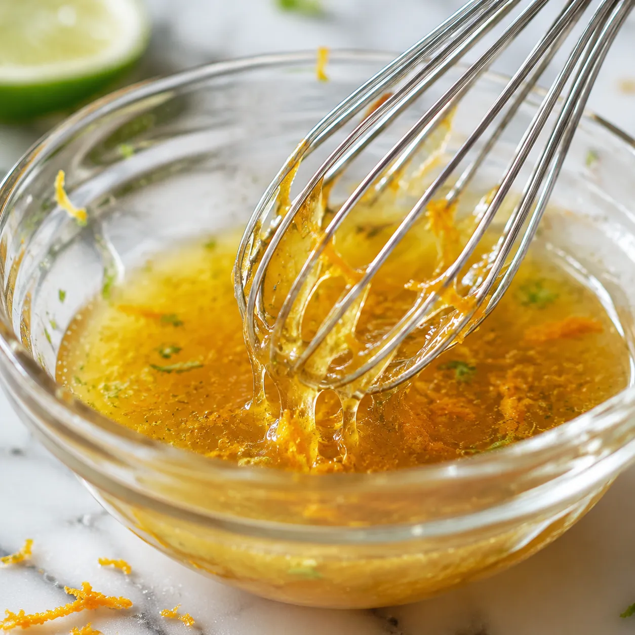 Honey lime dressing for fruit salad being whisked in a glass bowl