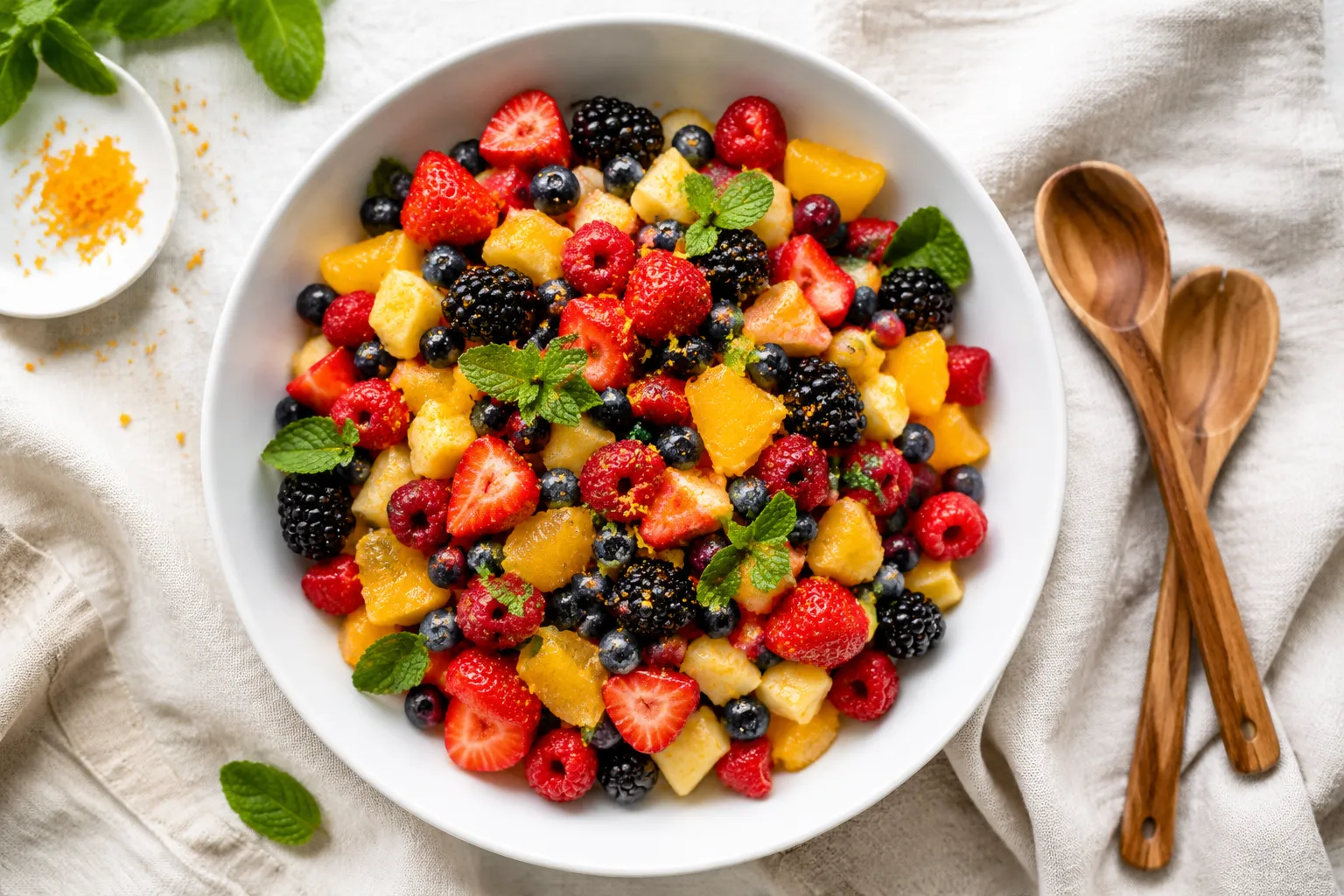 Finished fresh fruit salad recipe garnished with mint
