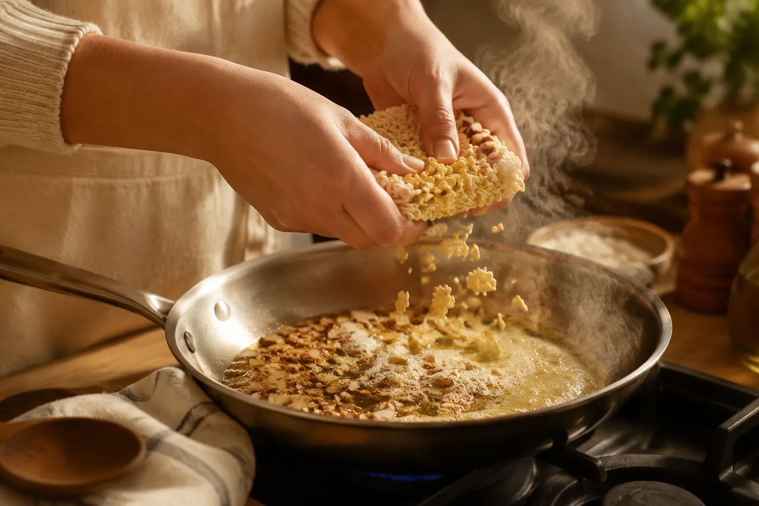 Toasting crushed ramen noodles and almonds in butter for ramen noodle salad