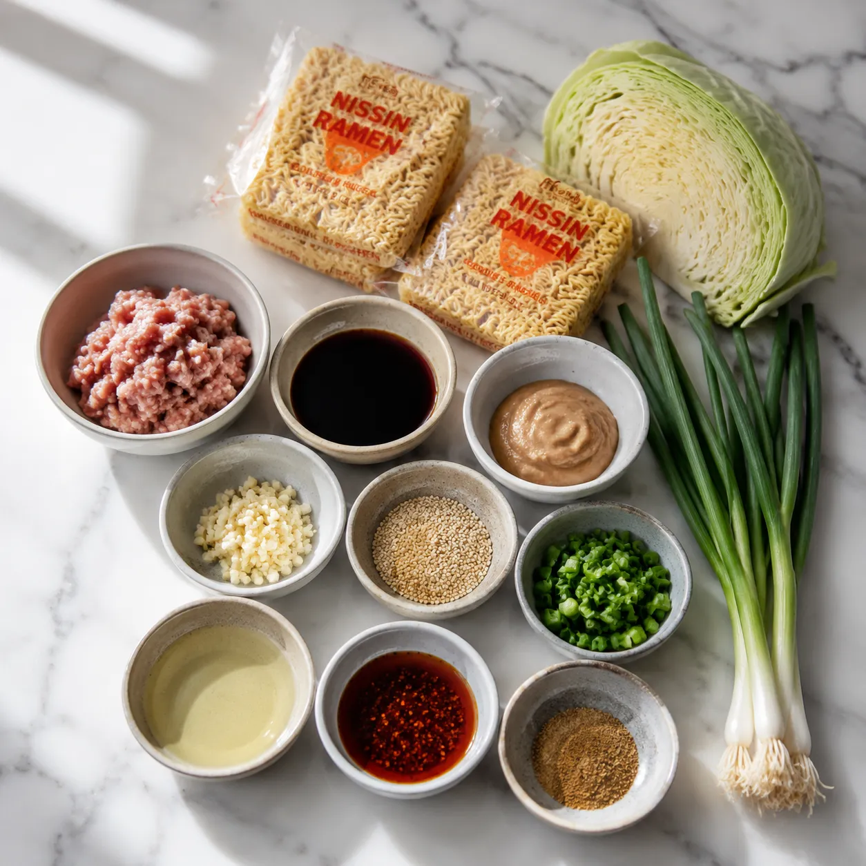 Ramen noodle salad ingredients flatlay with cabbage, ramen, almonds, and sesame dressing components