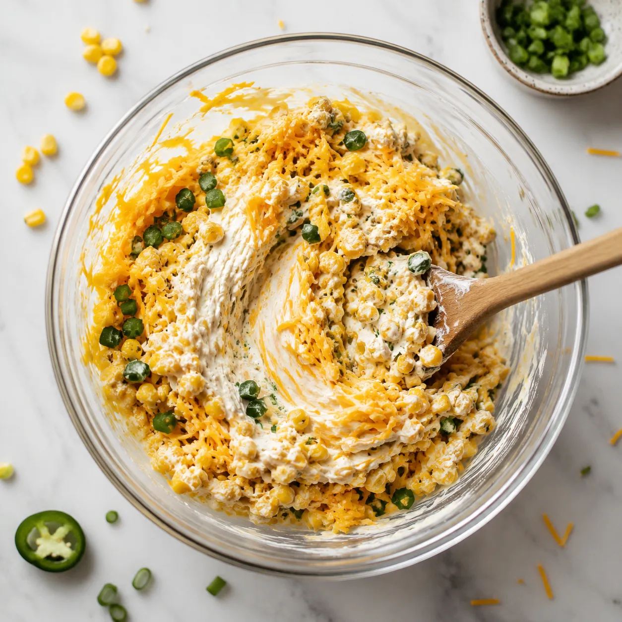 Mixing creamy corn dip base with cheddar and jalapeño