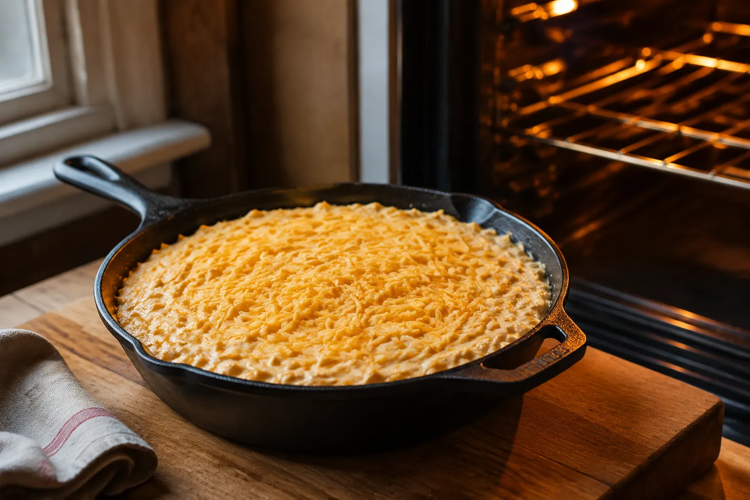 Corn dip topped with cheese ready to bake in cast-iron skillet
