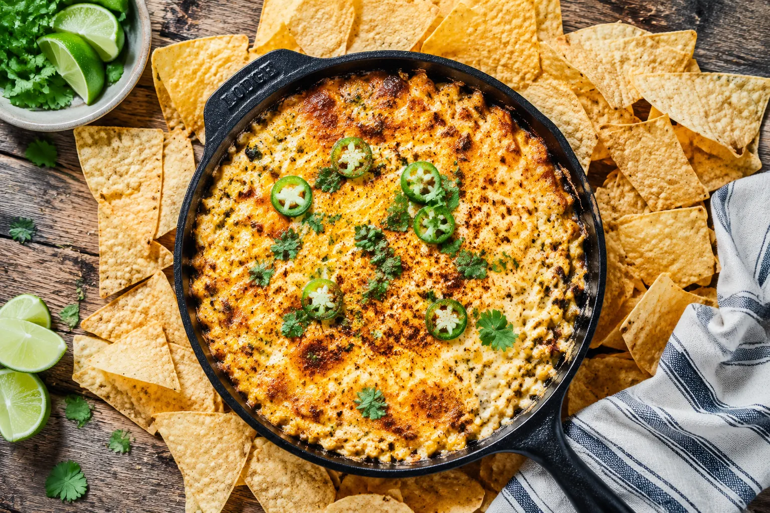 Baked corn dip recipe served with tortilla chips and lime wedges
