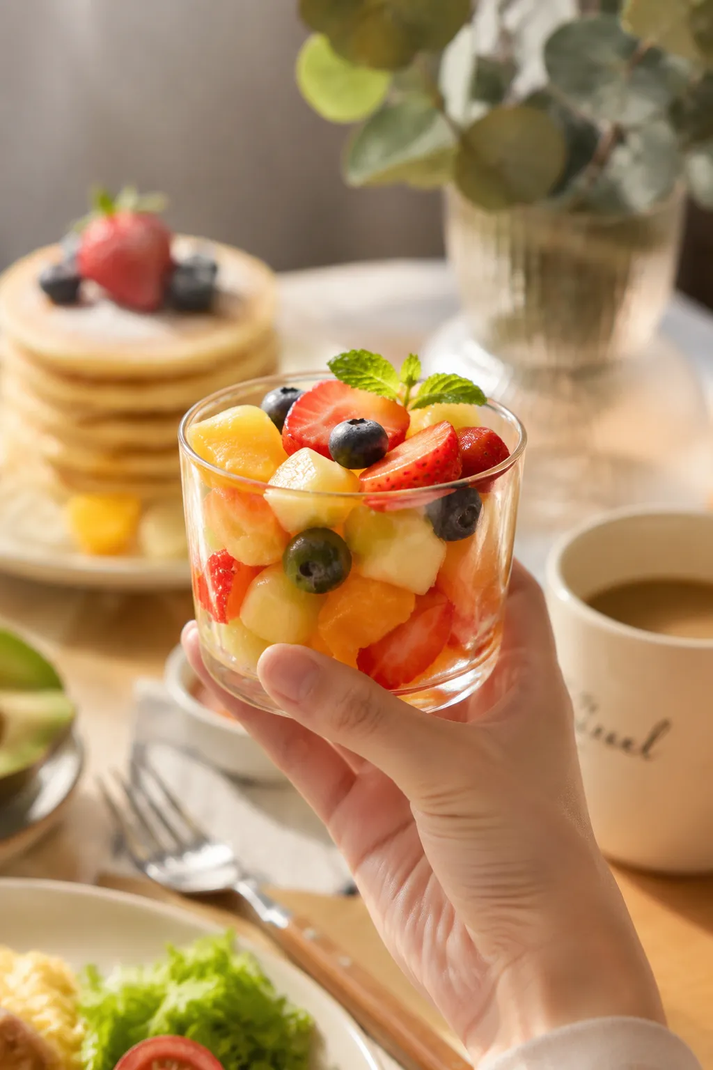 Serving fruit salad in a glass cup at a brunch table
