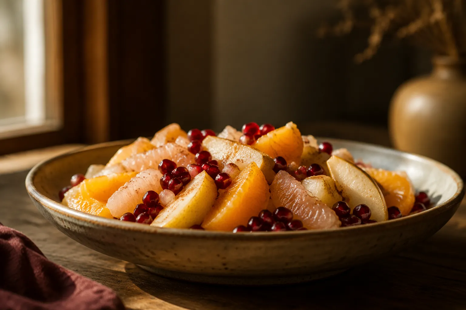 Winter fruit salad with pomegranate, pears, and citrus segments