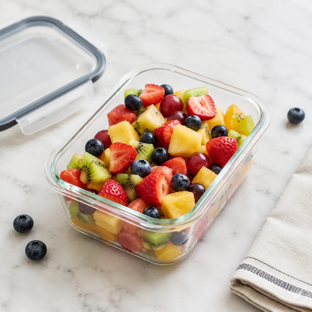 Make-ahead fruit salad stored in a glass meal-prep container