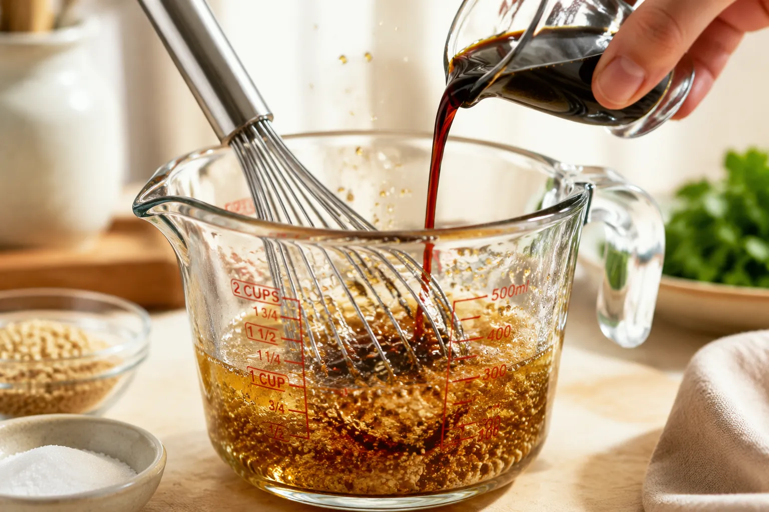 Whisking sesame soy dressing for ramen salad recipe in a glass measuring cup
