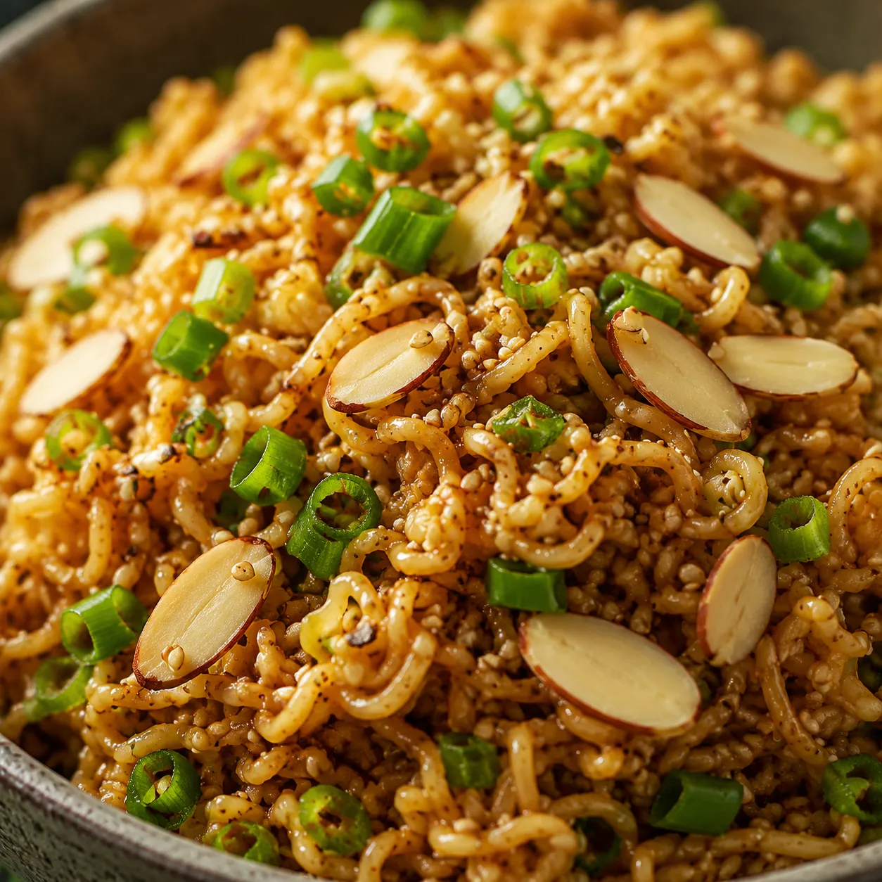Macro close-up of crunchy ramen noodle salad coated in sesame dressing