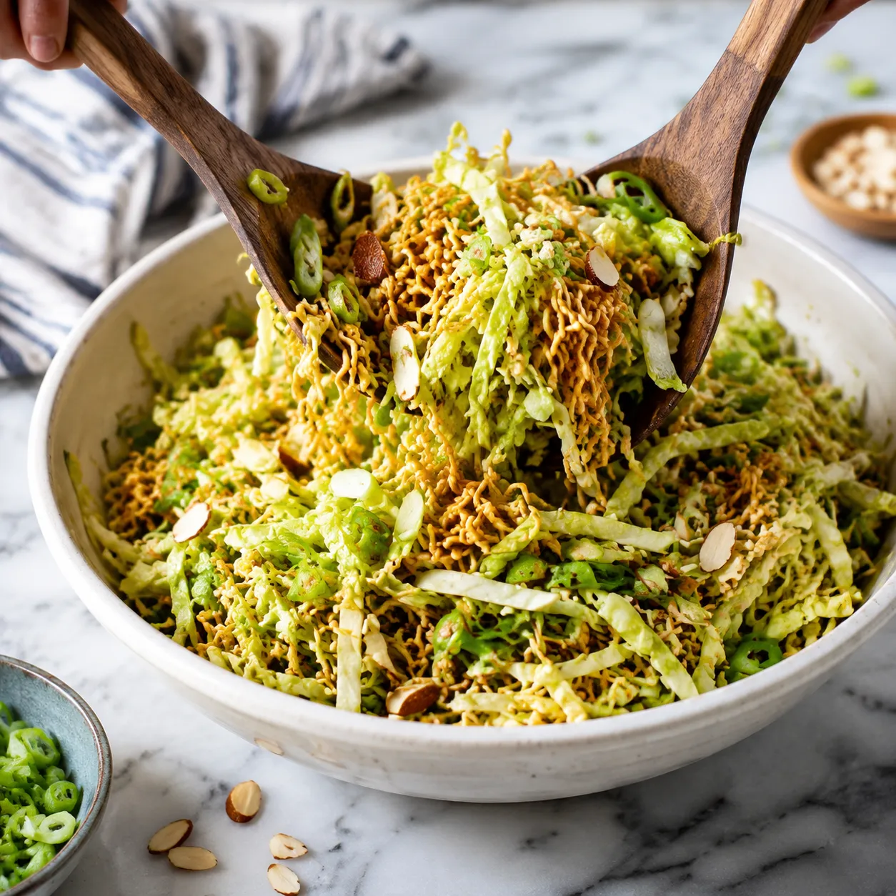 Tossing crunchy ramen noodle salad with cabbage and toasted almonds in a large bowl