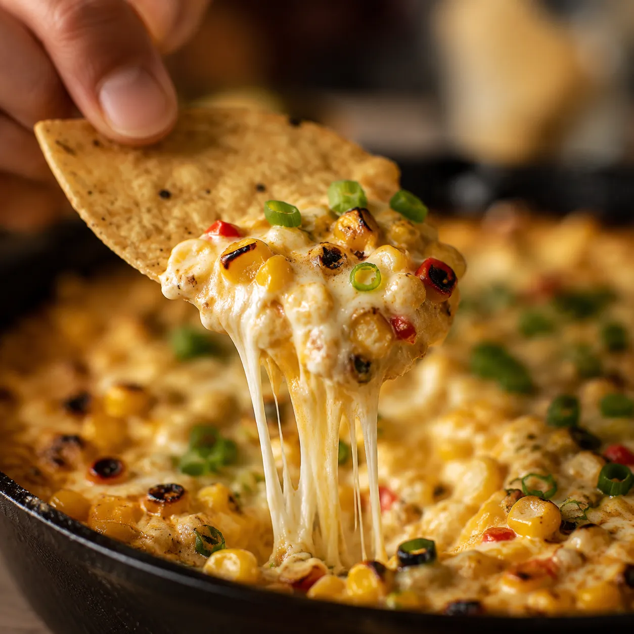 Close-up cheese pull on a chip dipped into corn dip