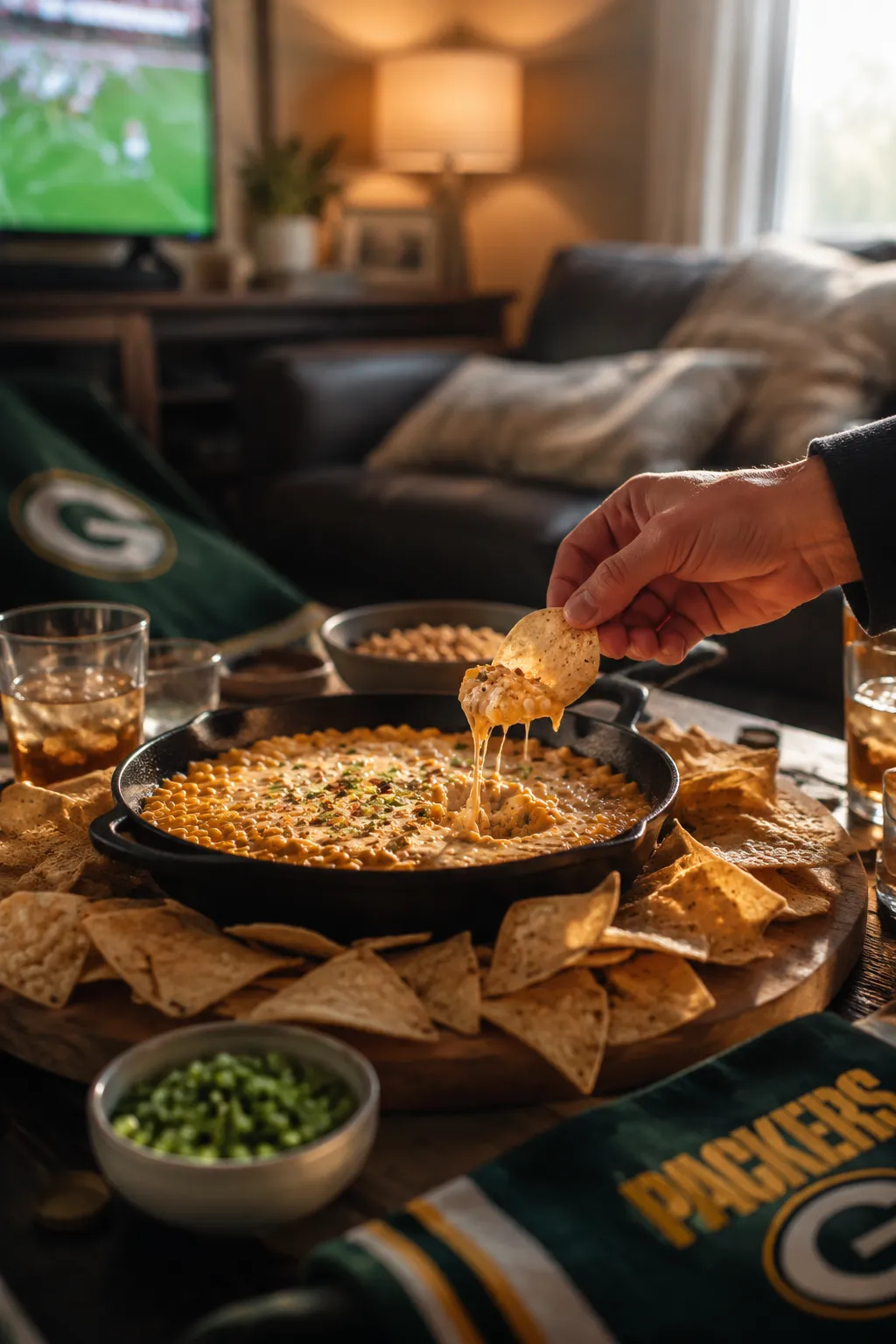 Game day spread with corn dip recipe and tortilla chips