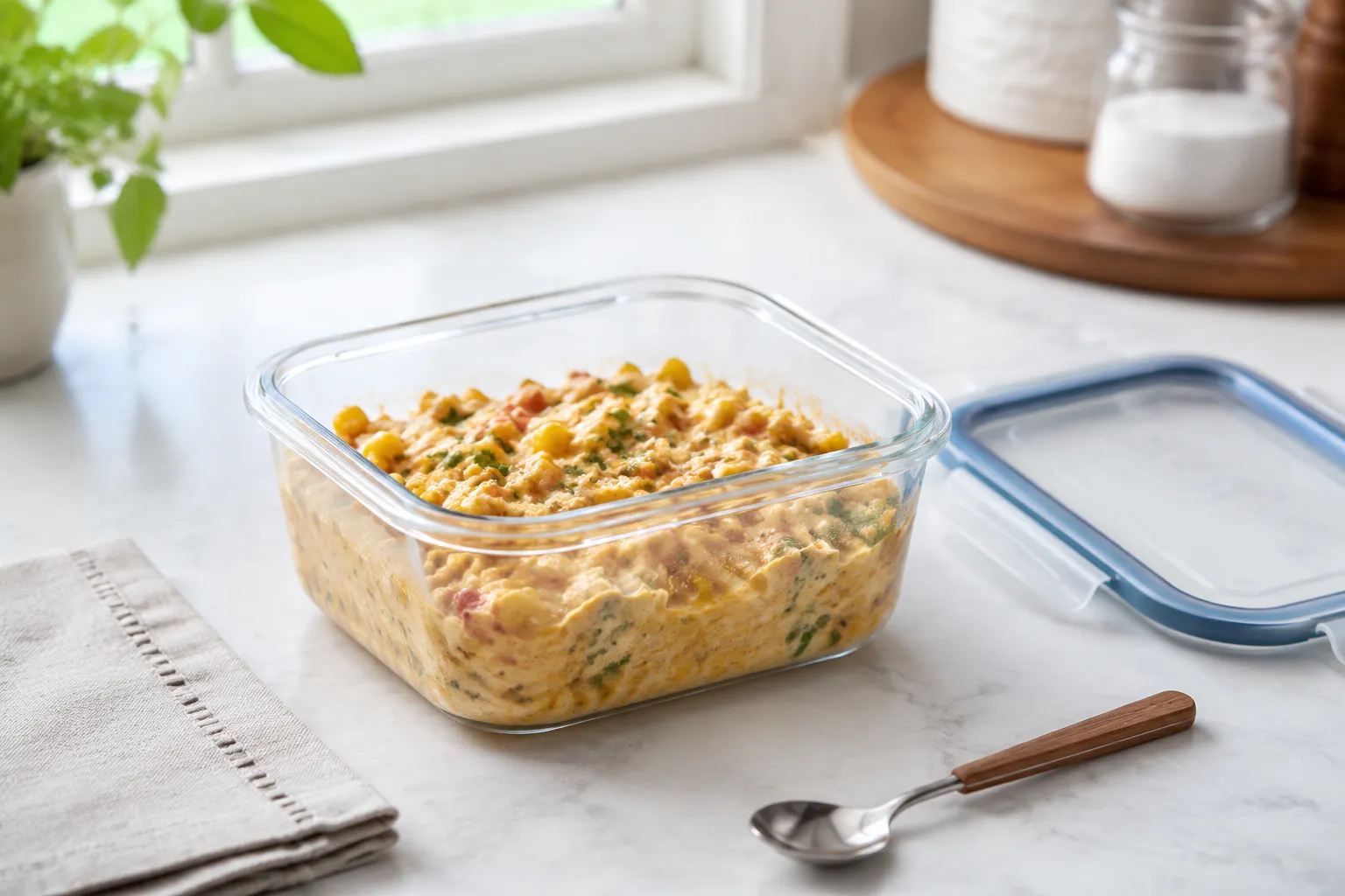 Storing leftover corn dip in a glass container in the fridge