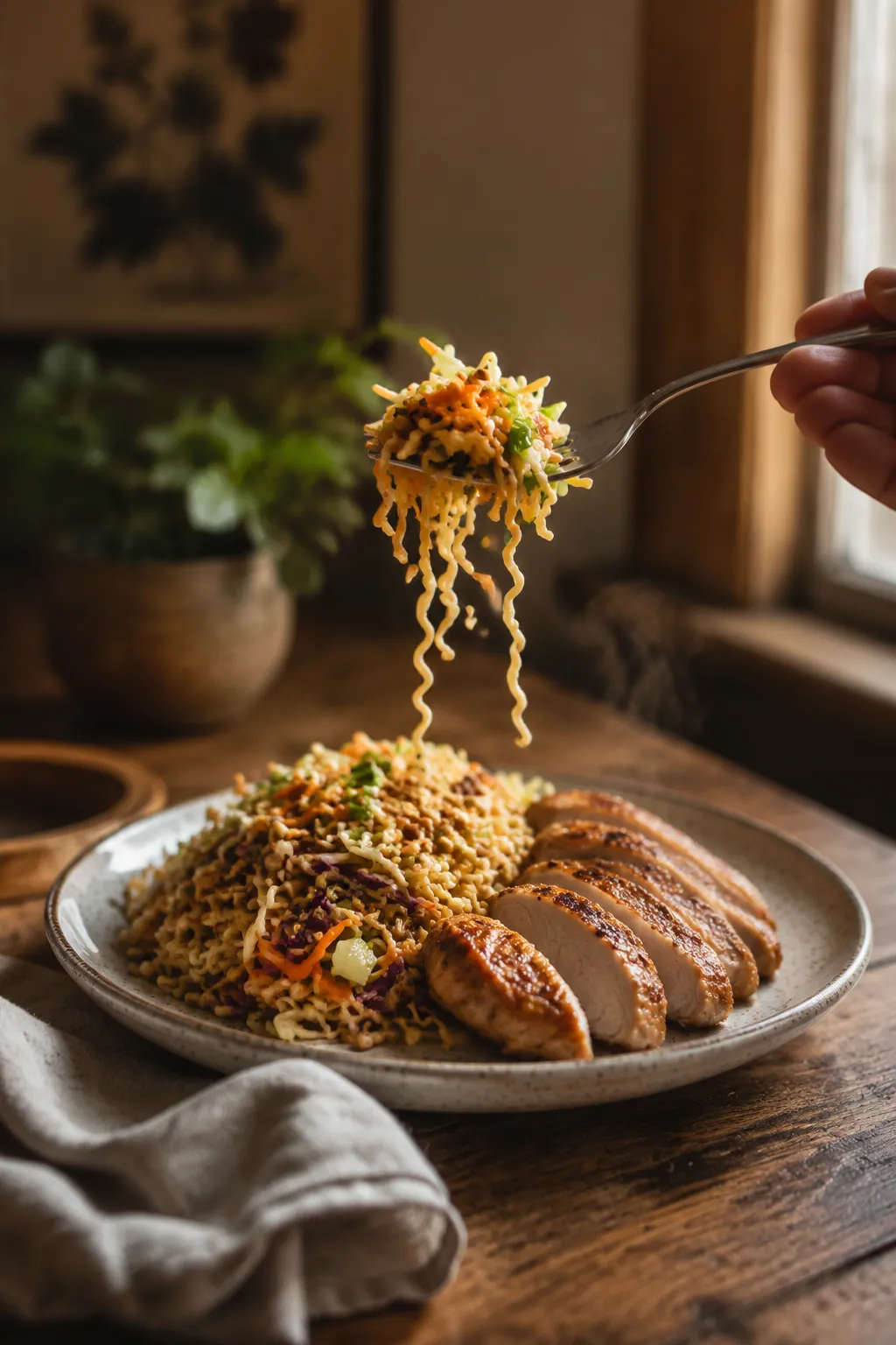 Ramen noodle salad served as a side with grilled chicken on a ceramic plate