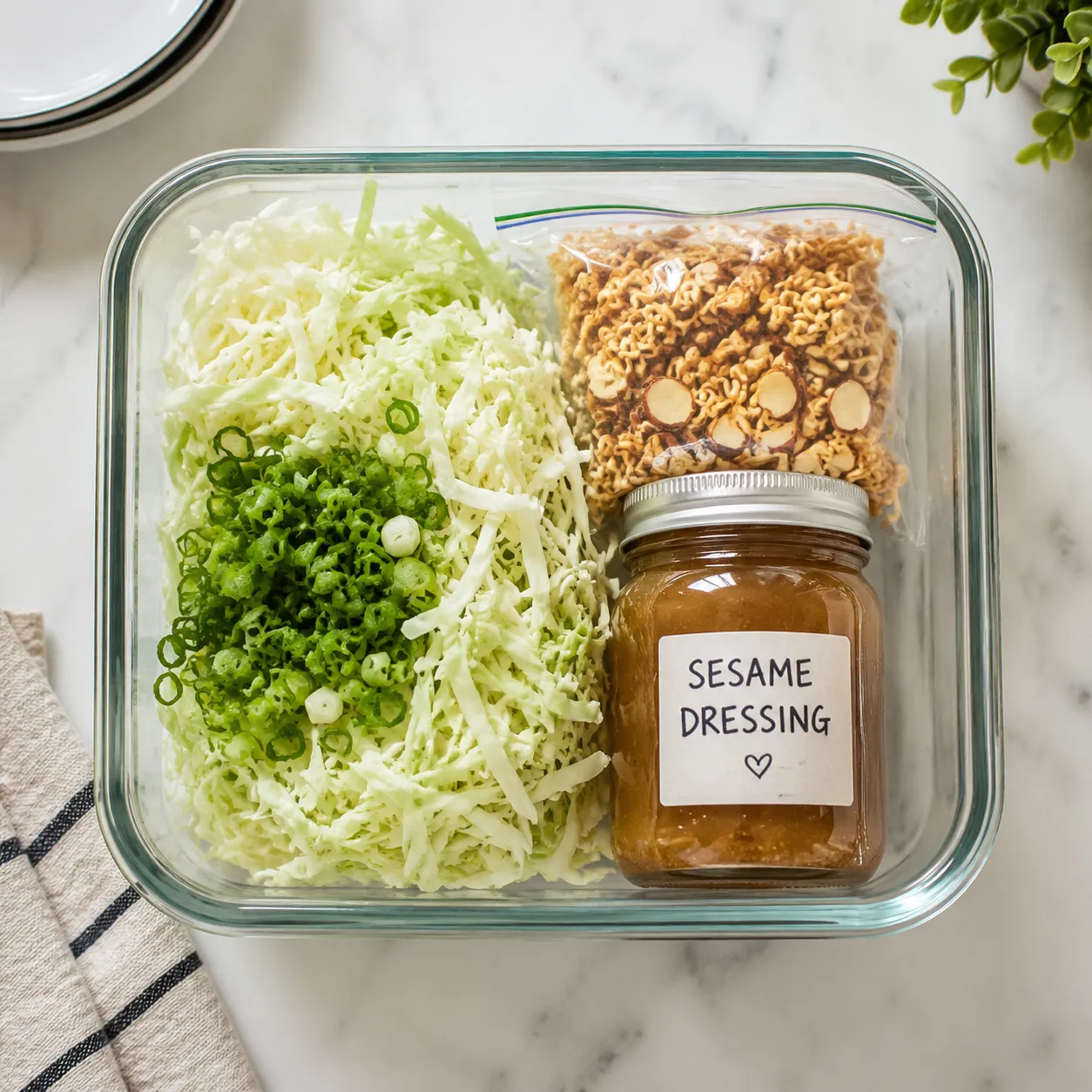 Make-ahead ramen noodle salad components stored separately with sesame dressing in a jar