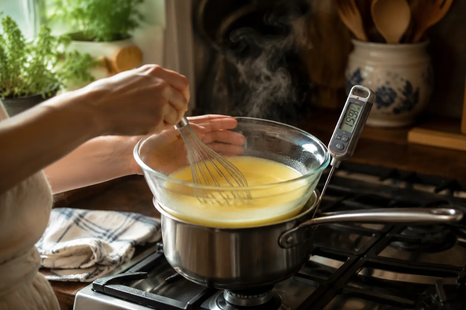 Tempering eggs and sugar over a double boiler for French silk pie filling