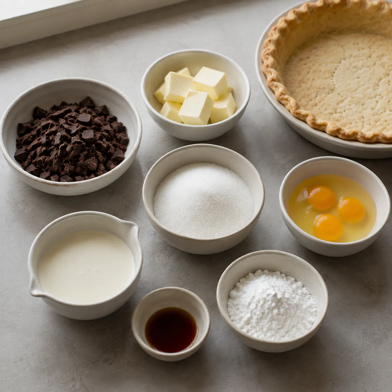 French silk pie ingredients flatlay with chocolate, butter, eggs, sugar, and pie crust