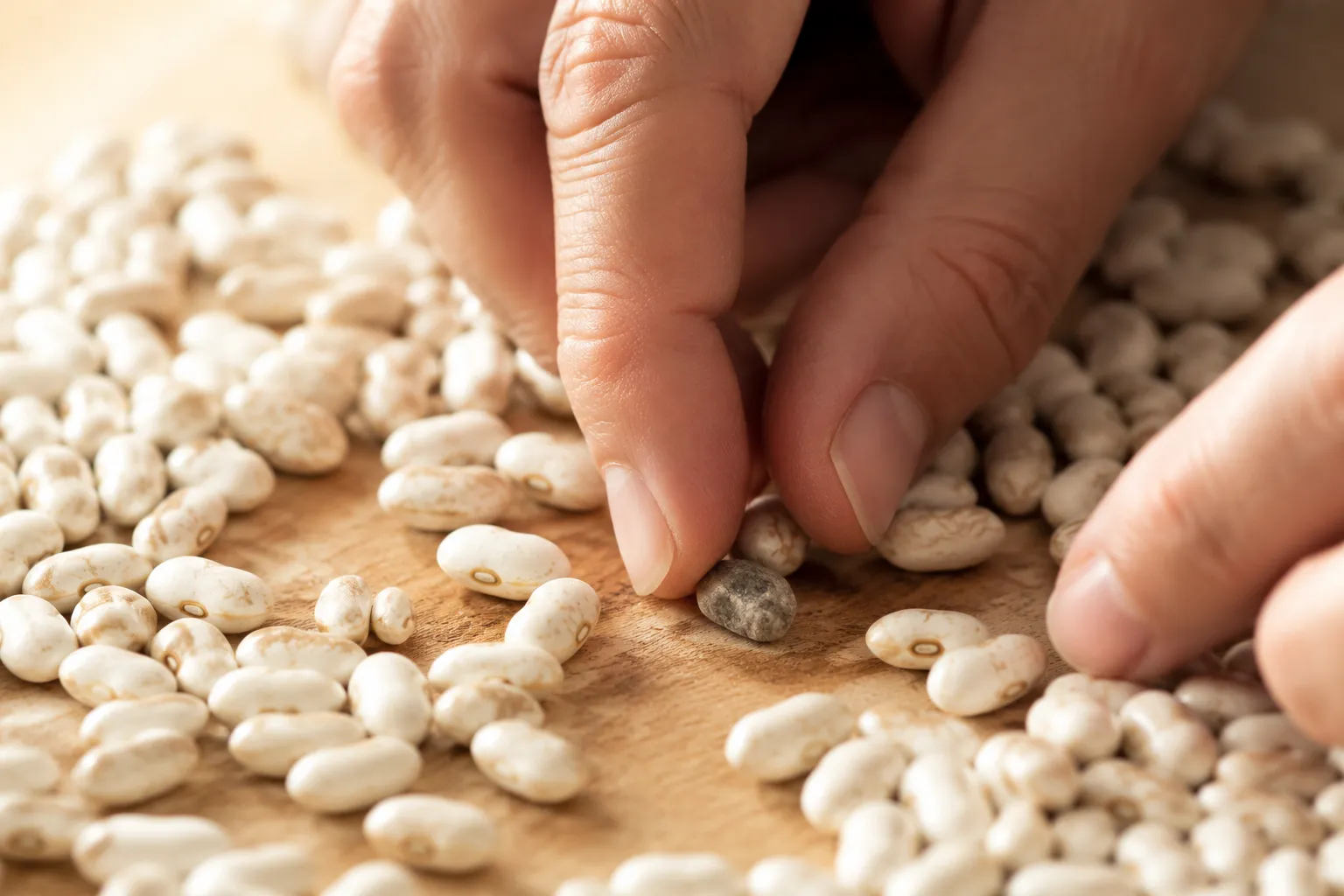 Sorting dried great northern beans before soaking for the recipe