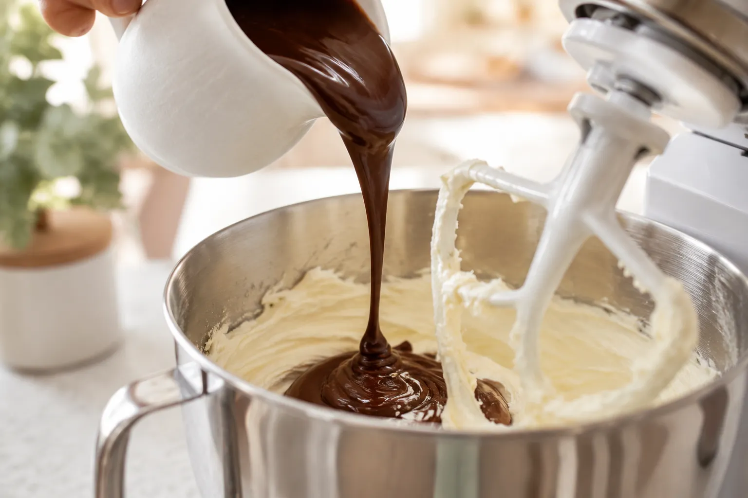 Pouring melted chocolate into whipped butter for French silk pie