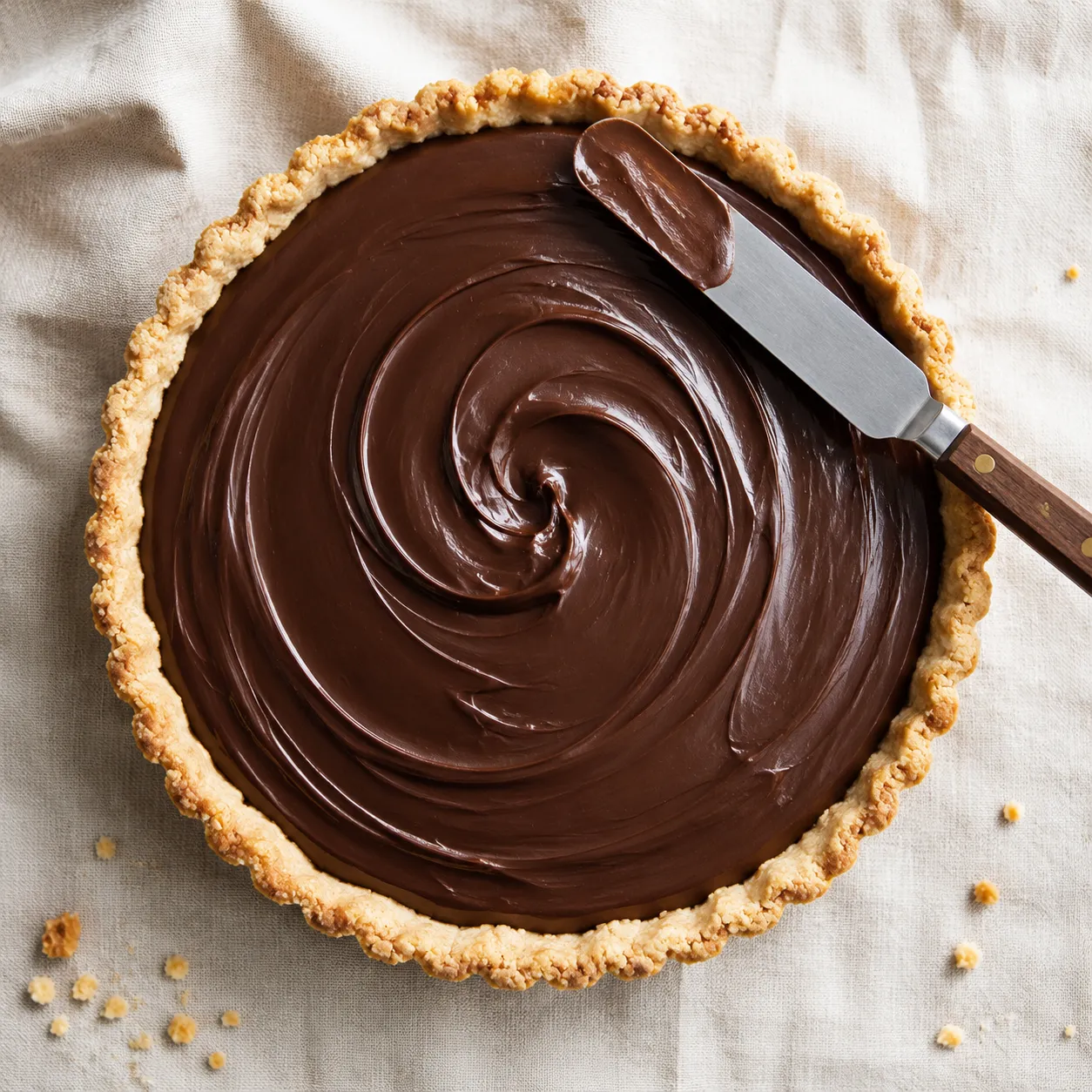 Smoothing silky chocolate filling into a flaky pie crust for French silk pie
