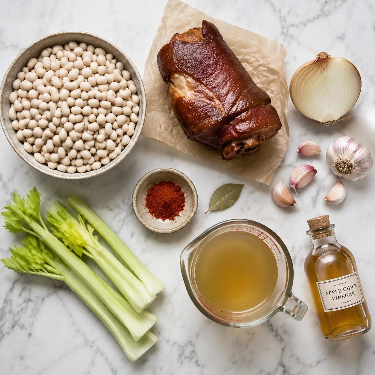Great northern beans recipe ingredients flatlay with ham hock and aromatics
