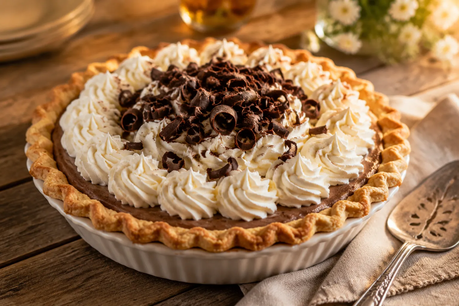 Whole French silk pie topped with whipped cream rosettes and chocolate curls