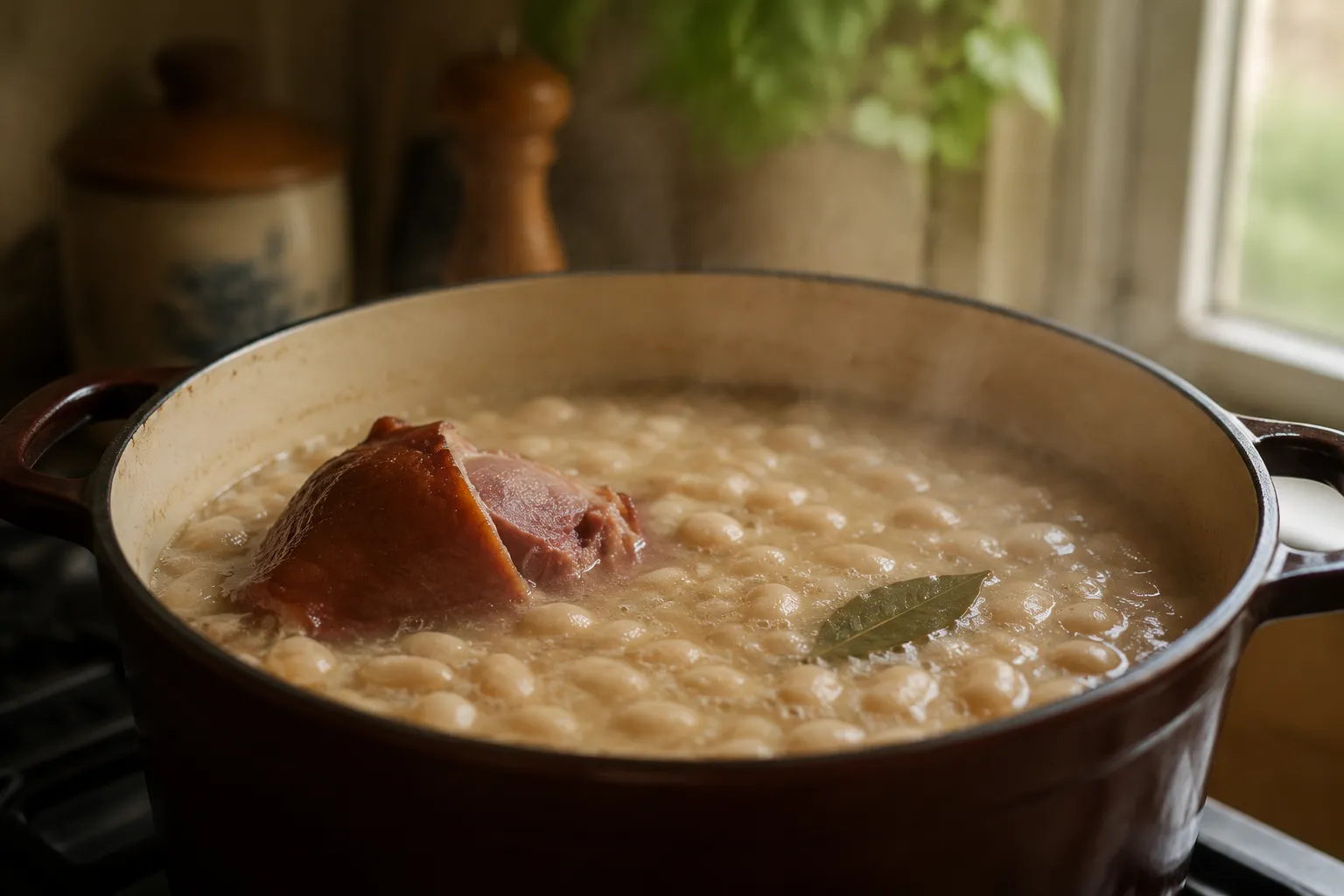 Great northern beans simmering with ham hock for a Southern-style recipe