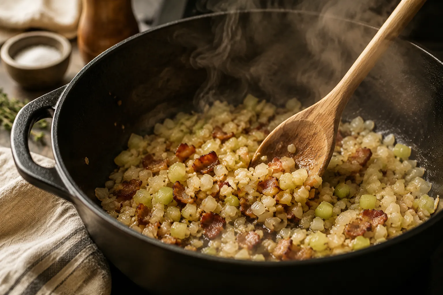 Sautéing aromatics for great northern beans recipe in a Dutch oven