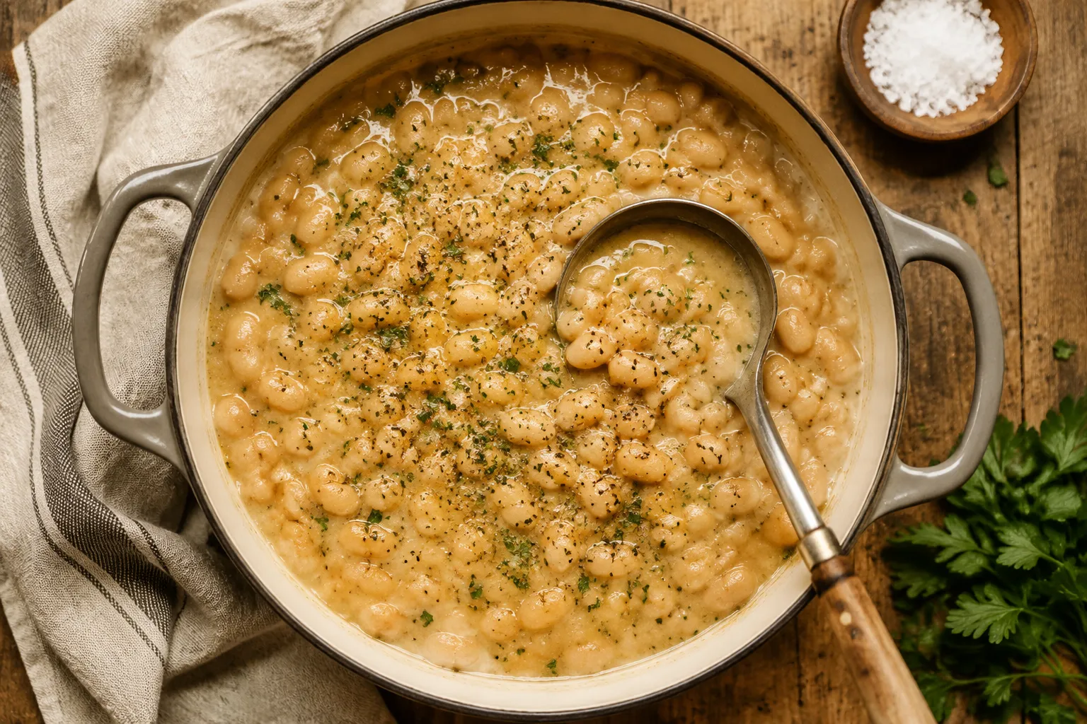 Finished great northern beans recipe creamy and garnished in Dutch oven