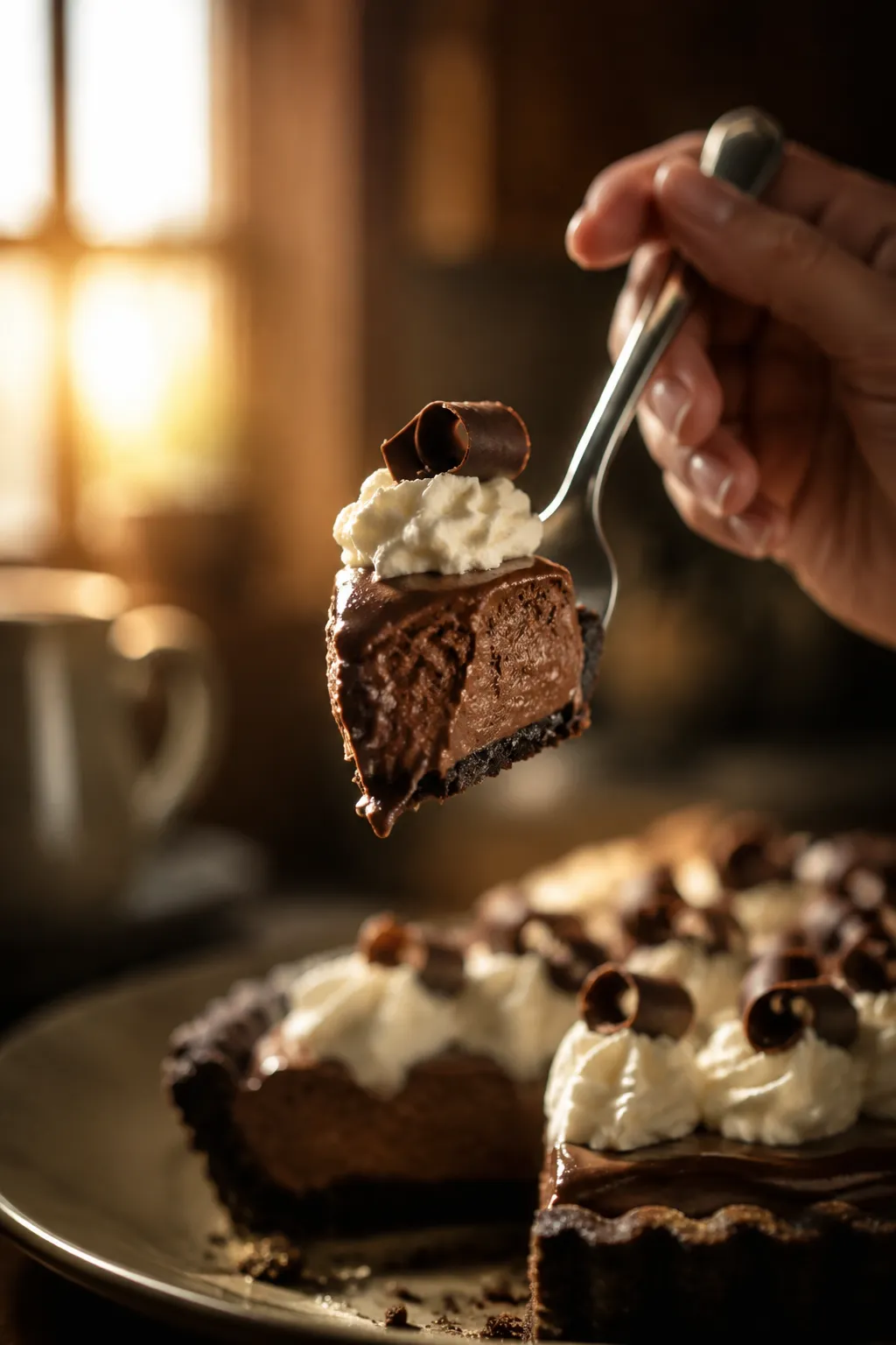 Forkful of silky French silk pie filling with whipped cream