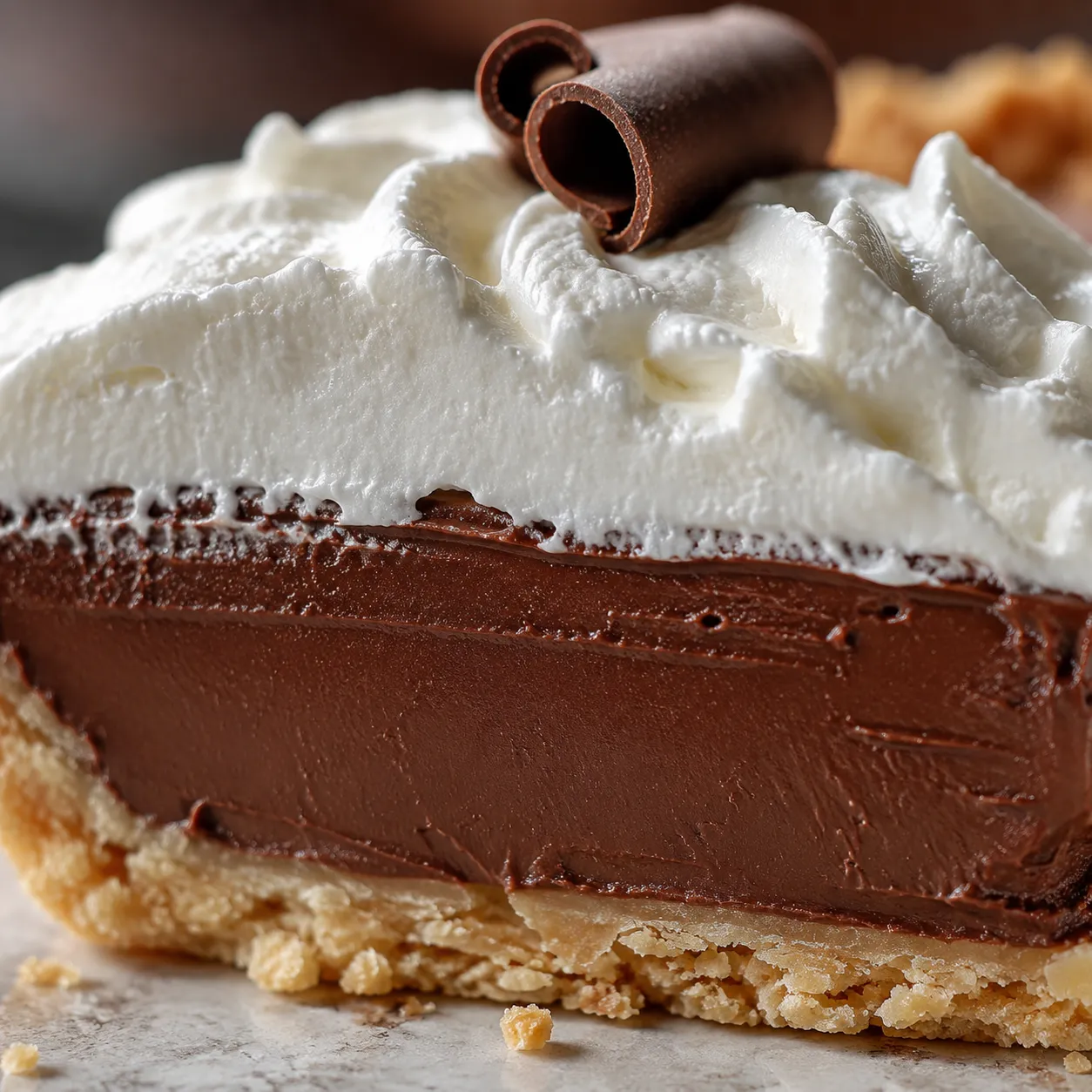 Cross-section of French silk pie showing flaky crust, silky filling, and whipped cream