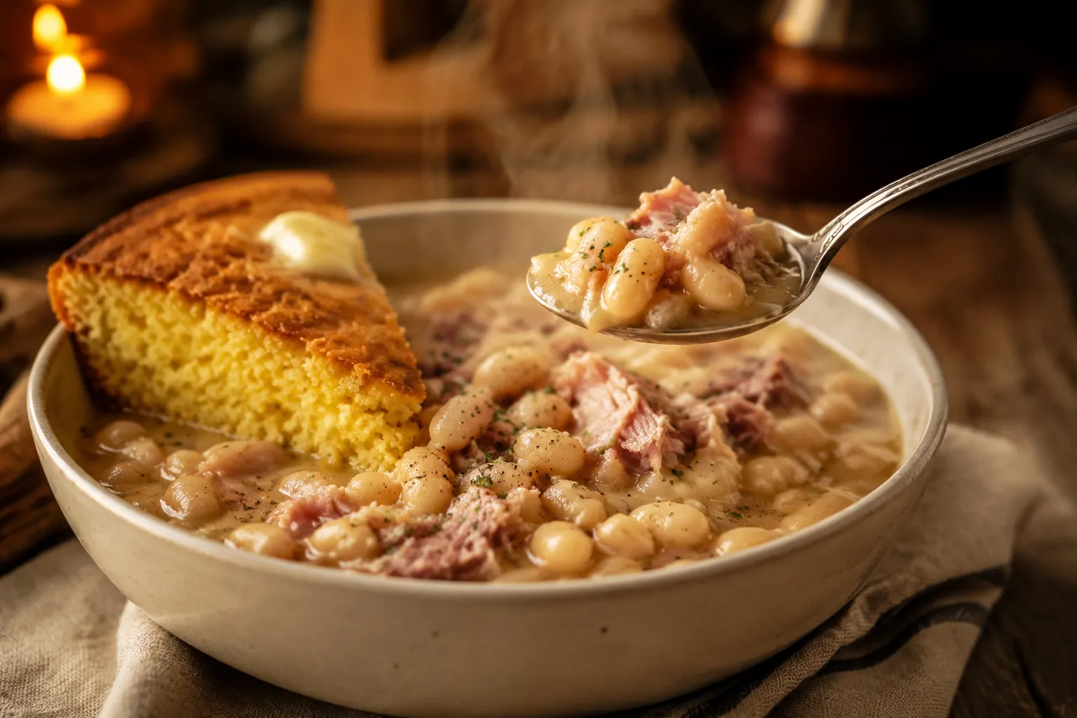 Bowl of great northern beans served with cornbread and a spoon