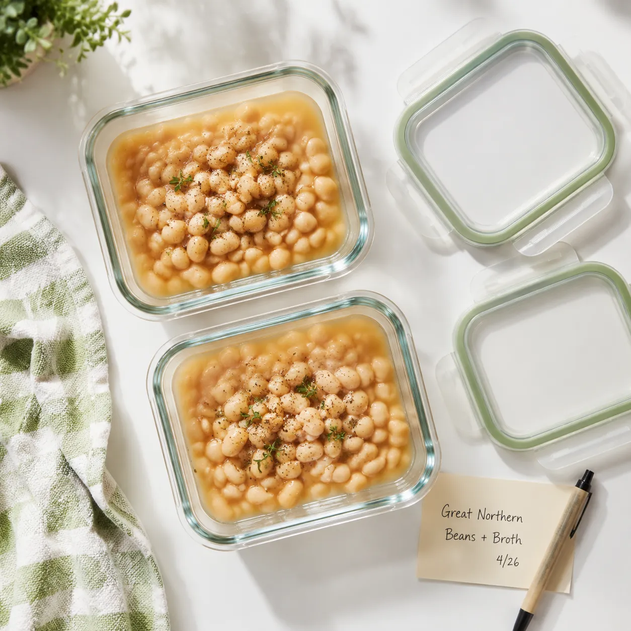 Storing leftover great northern beans recipe in glass meal-prep containers