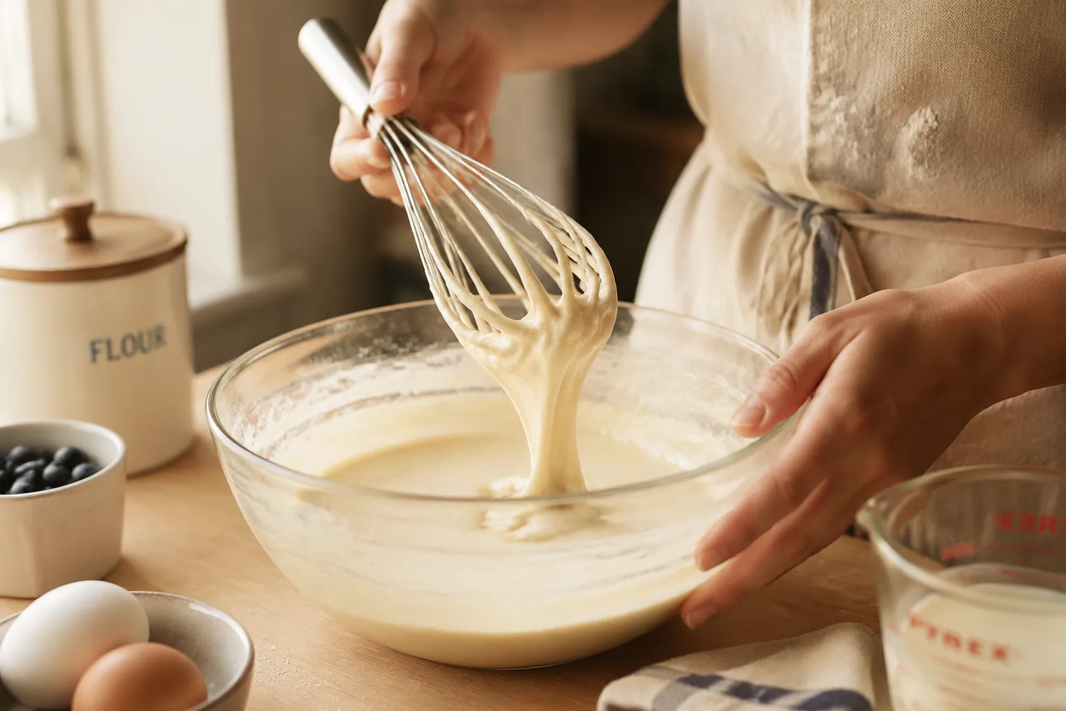 Whisking gluten free pancake batter in a glass bowl