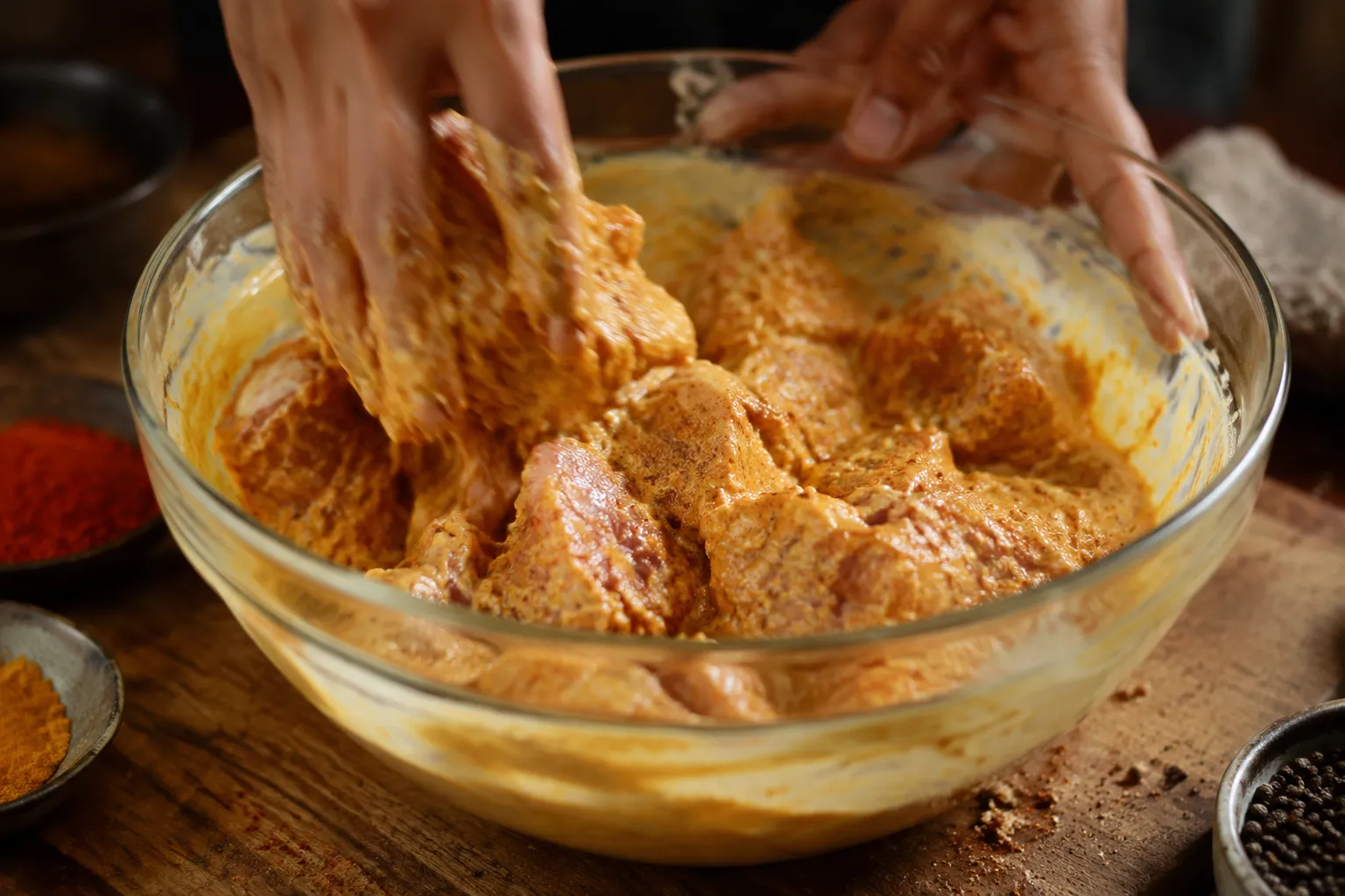 Hands mixing chicken into yogurt marinade for tikka masala recipe