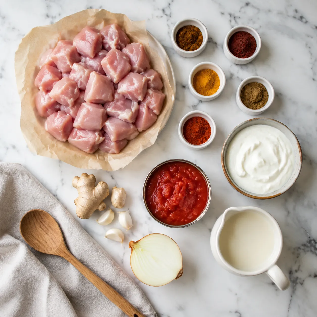 Tikka masala recipe ingredients flatlay with chicken, yogurt, spices, and tomatoes