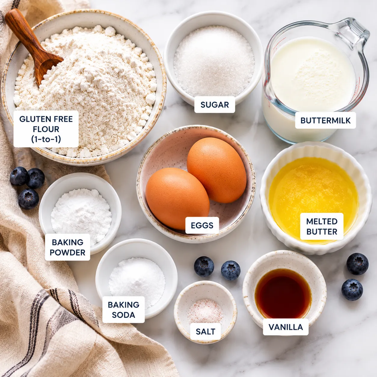 Gluten free pancake recipe ingredients flatlay on marble