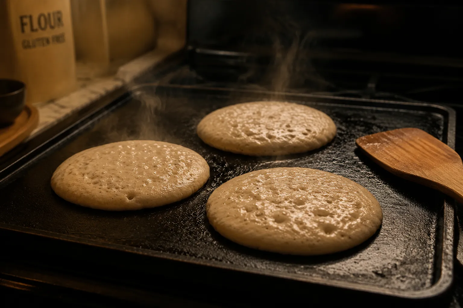 Gluten free pancakes bubbling on a cast iron griddle