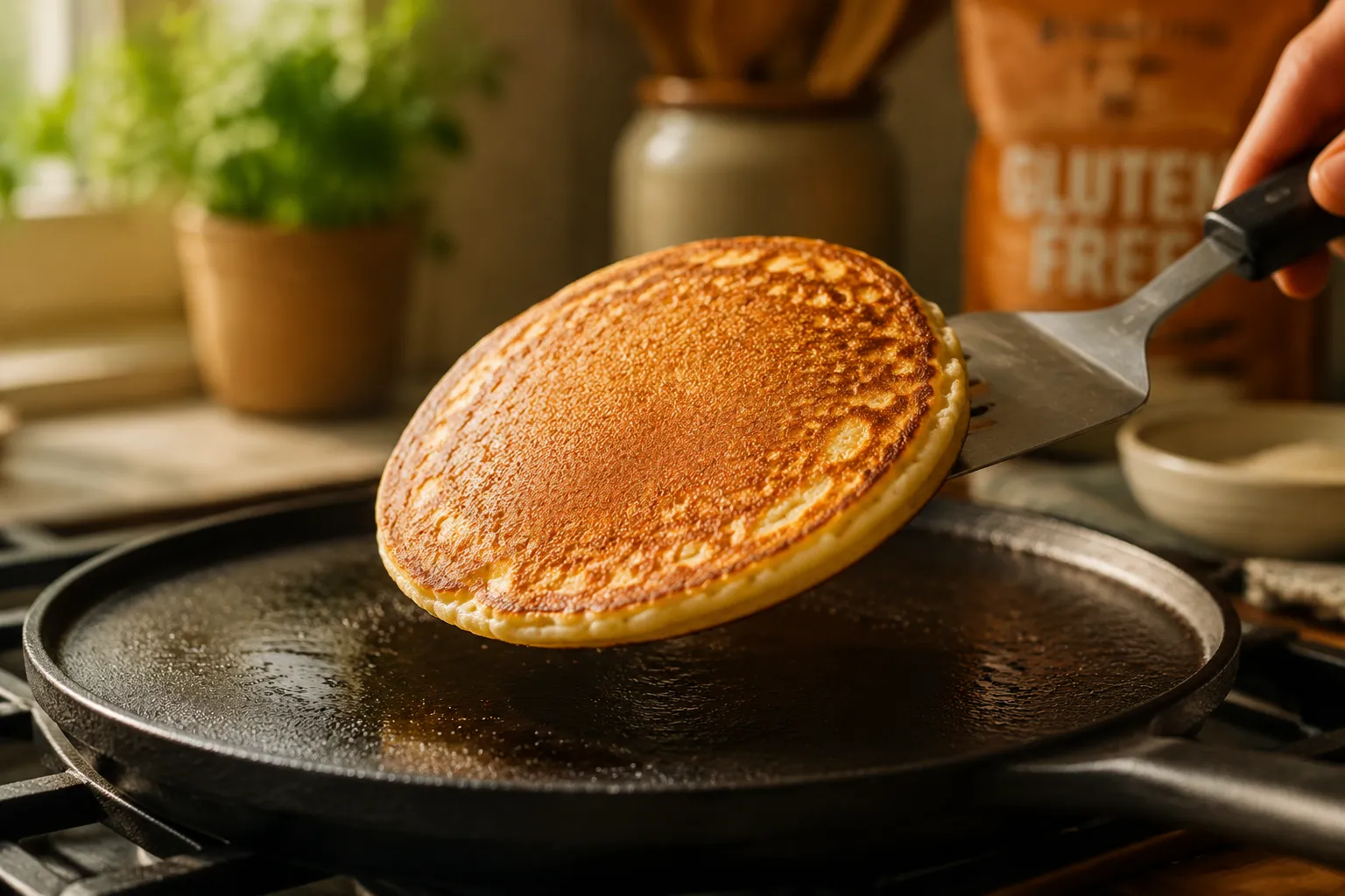 Flipping a golden gluten free pancake on the griddle