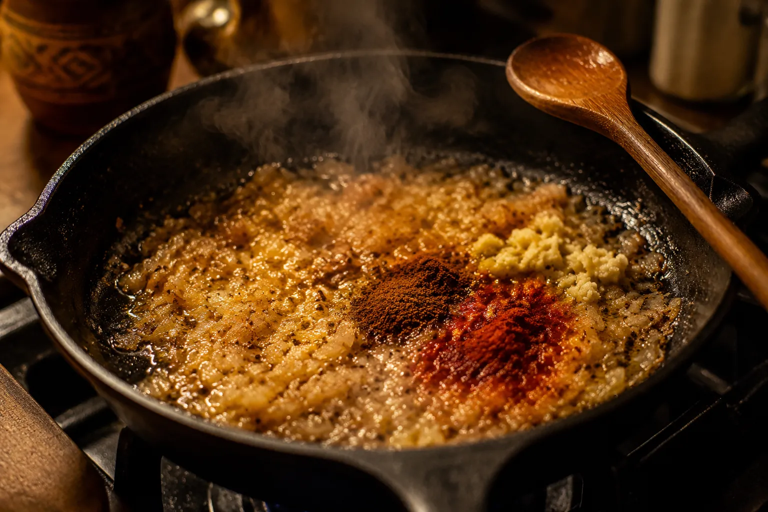 Onions, garlic, and spices blooming in ghee for tikka masala sauce