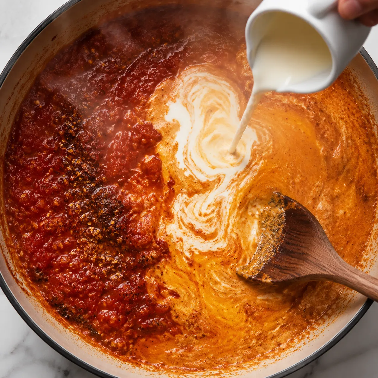 Pouring cream into tikka masala sauce in a skillet