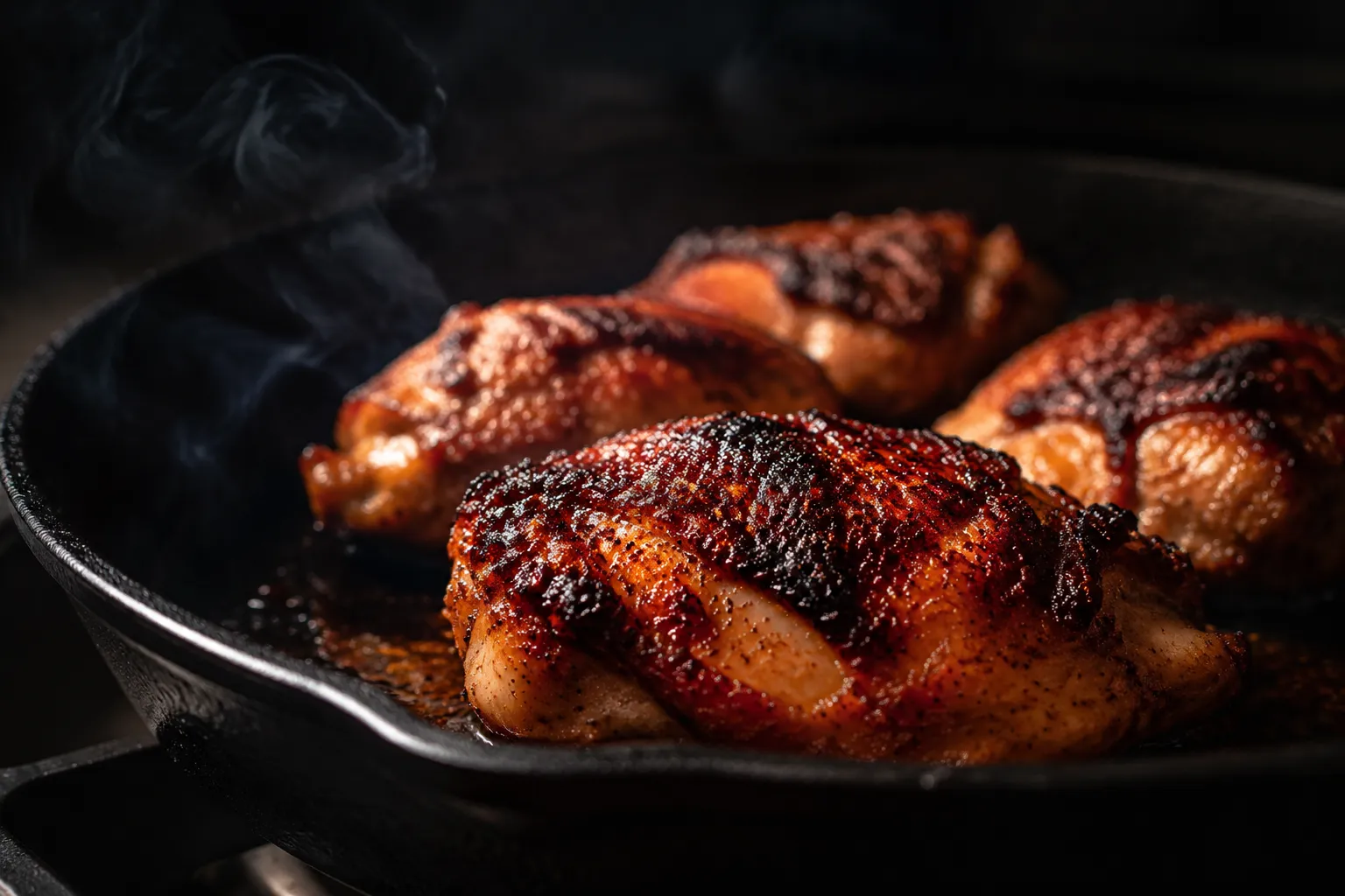 Charred marinated chicken searing in skillet for tikka masala