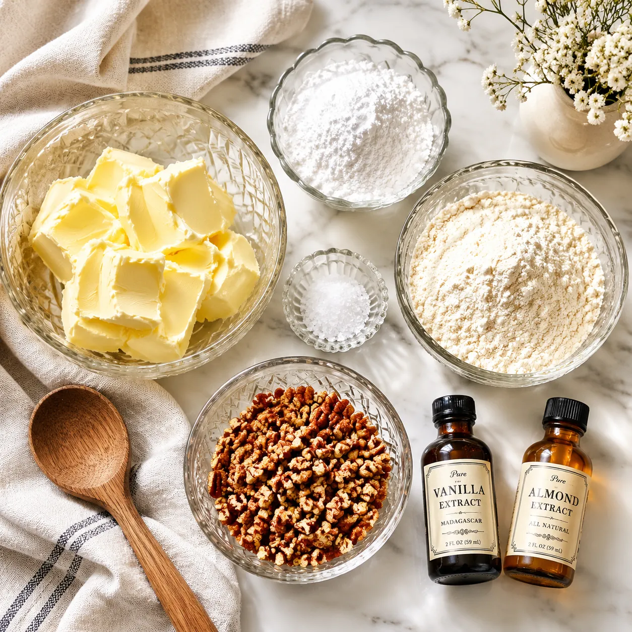 Italian wedding cookies ingredients flatlay with butter, flour, pecans, and powdered sugar