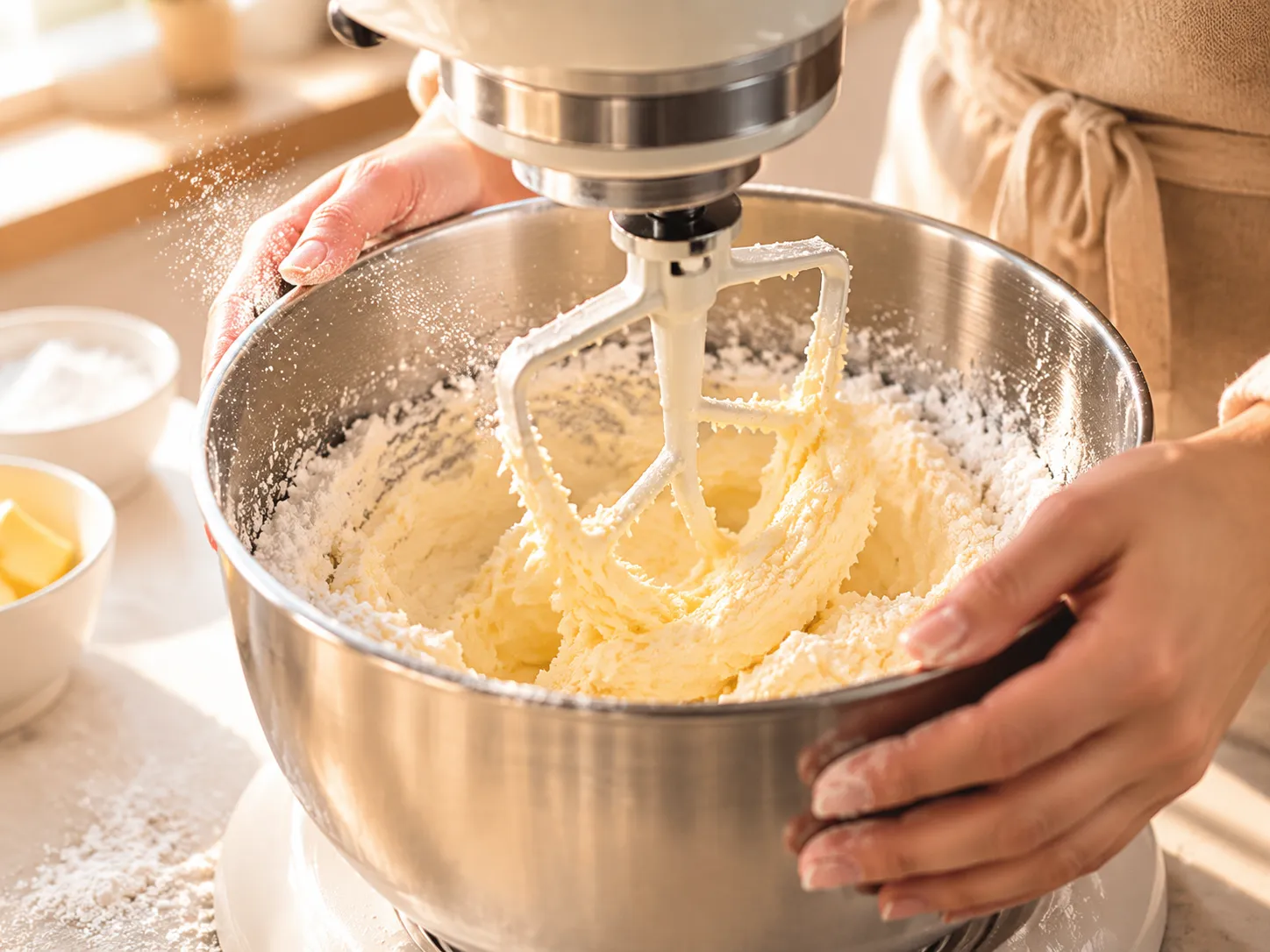 Creaming butter and powdered sugar for Italian wedding cookies
