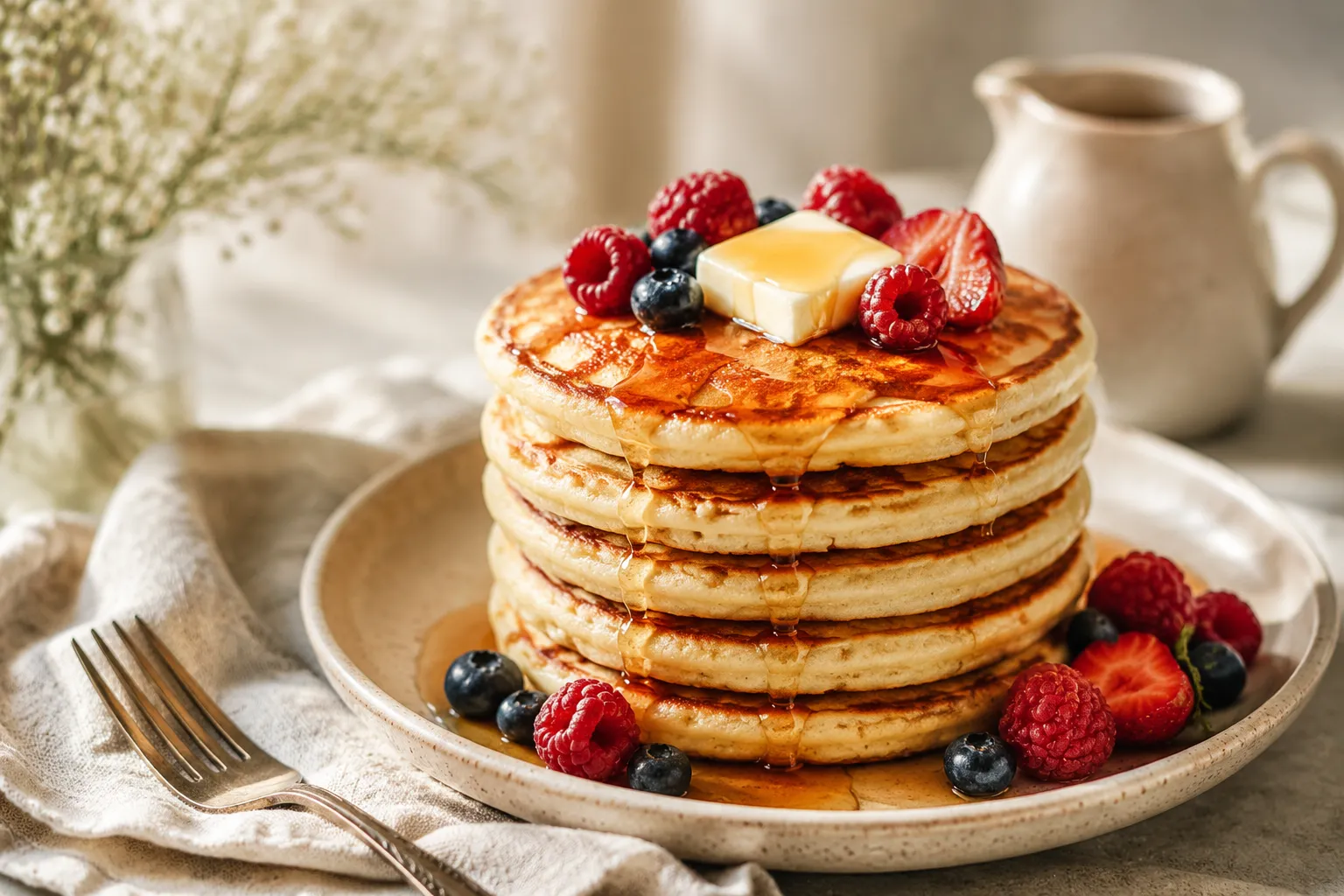 Plated stack of fluffy gluten free pancakes with berries