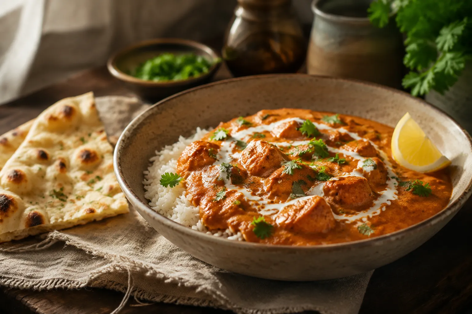Plated tikka masala recipe over basmati rice with naan on the side