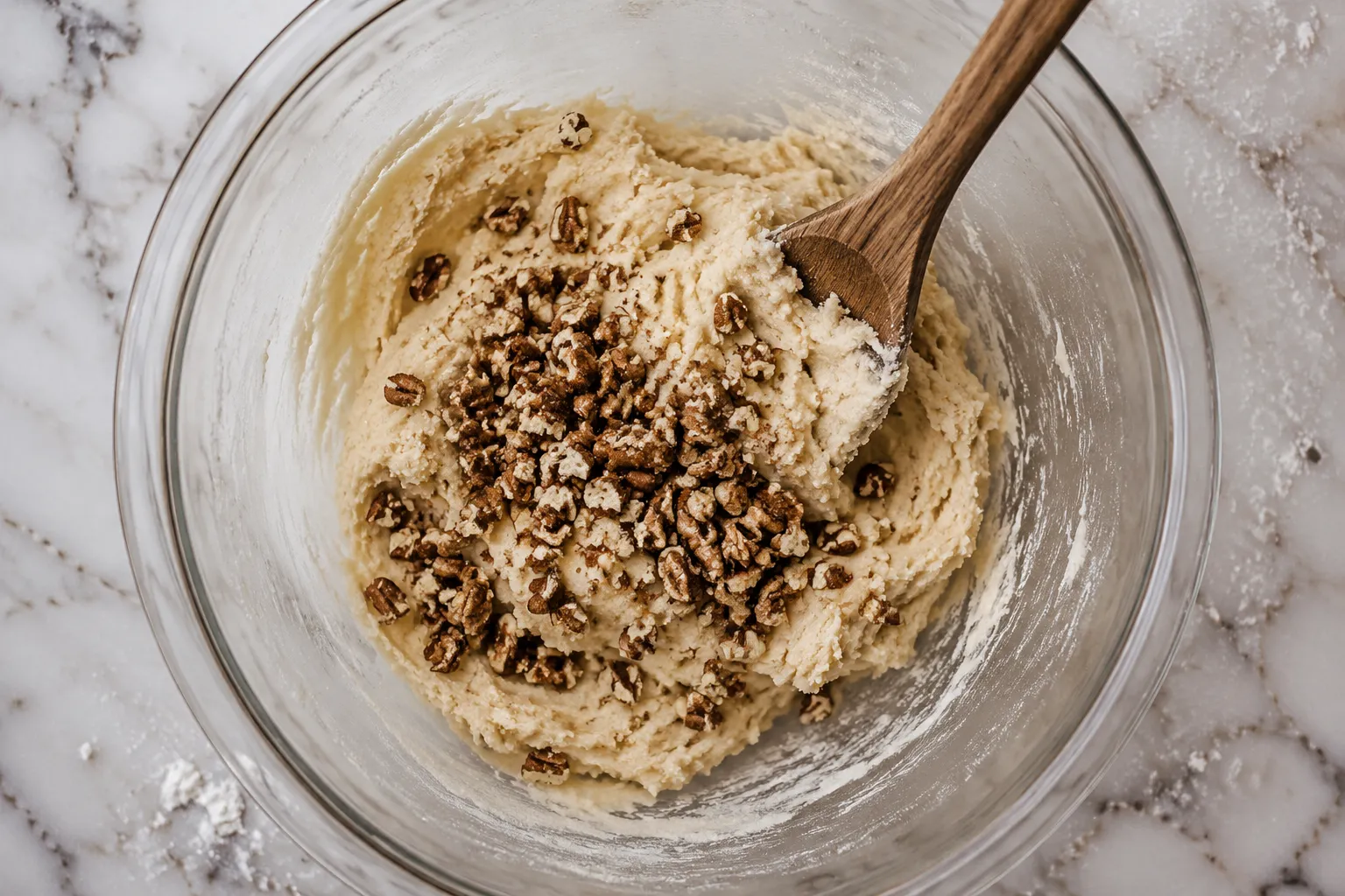 Folding toasted pecans into Italian wedding cookies dough