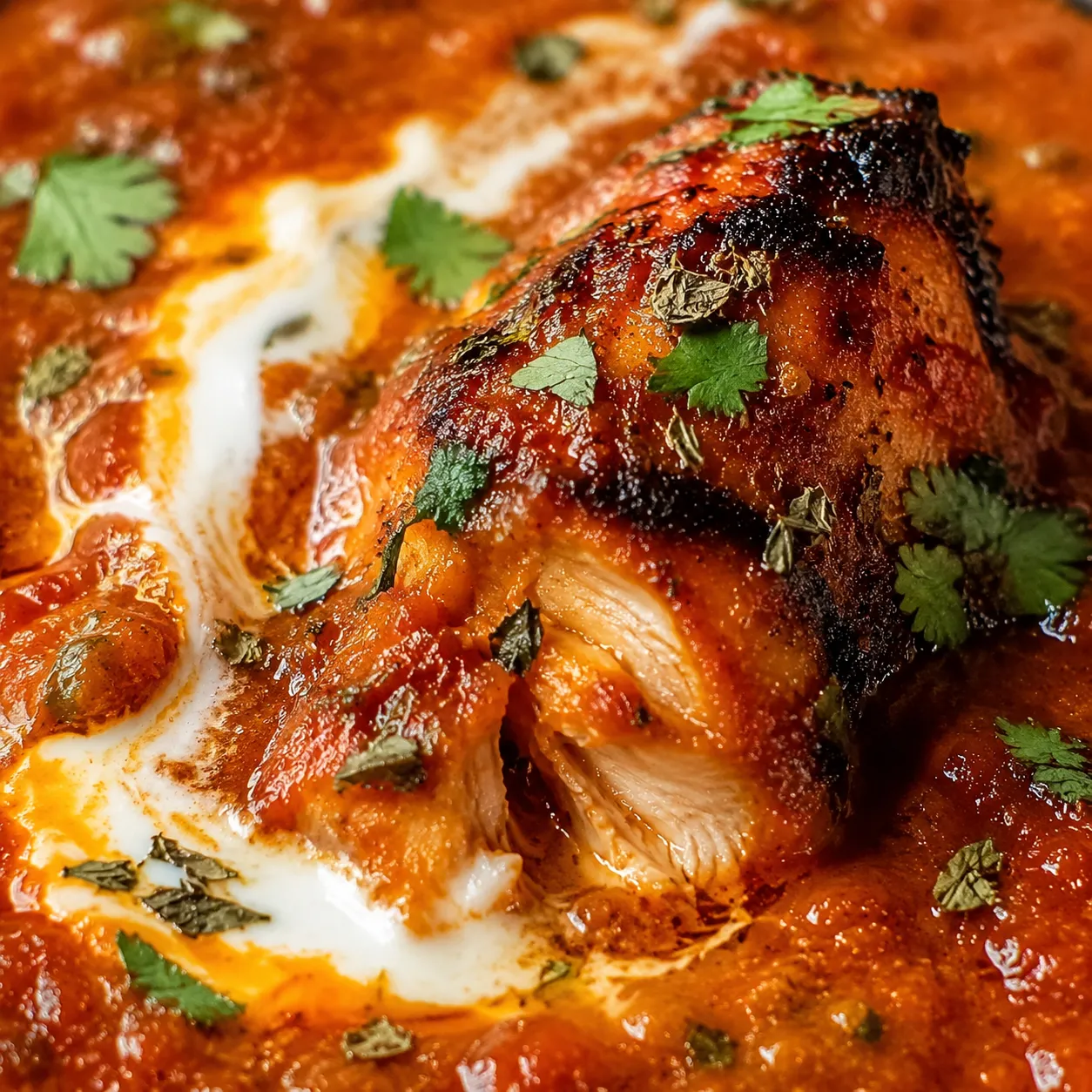 Close-up of creamy tikka masala sauce coating a piece of chicken